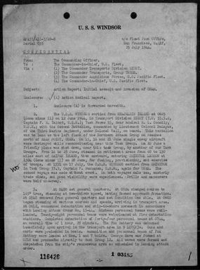 USS Windsor - Rep of ops in the invasion of Guam Is, Marianas 7/21-23/44