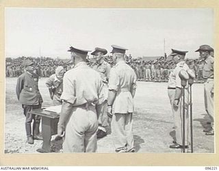 CAPE WOM, NEW GUINEA, 1945-09-13. LIEUTENANT-GENERAL ADACHI, COMMANDER 18 JAPANESE ARMY IN NEW GUINEA, FORMALLY SURRENDERED TO MAJOR-GENERAL H.C.H. ROBERTSON, GENERAL OFFICER COMMANDING 6 DIVISION, ..