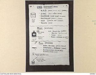 LAE AREA, NEW GUINEA, 1945-08-03. A "PIDGIN" ENGLISH CHART USED FOR THE INSTRUCTION OF NATIVE REGIMENTAL AID POST ORDERLIES. THE PHOTOGRAPH WAS MADE AT THE REQUEST OF HEADQUARTERS AUSTRALIAN NEW ..