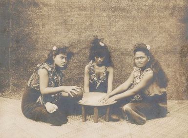 Three women with kava bowl. From the album: Photographs of Apia, Samoa