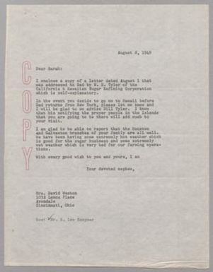 [Letter from Harris Leon Kempner to Mrs. David F. Weston, August 8, 1949]