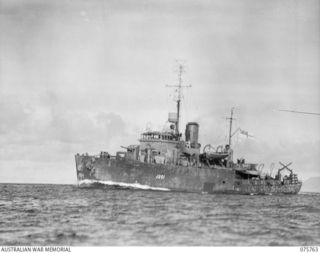 AT SEA. 1944-09. THE RAN CORVETTE, GEELONG PROCEEDING AT FULL SPEED DURING AN ALARM WHILE DOING A SPELL OF CONVOY ALONG THE COAST OF NEW GUINEA