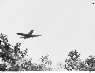 PAPUA, NEW GUINEA. 1942-07-20. AN AIRA- COBRA FIGHTER PLANE OF AN AMERICAN SQUADRON IN FLIGHT ON TAKE OFF TO INTERCEPT JAPANESE BOMBERS WHEN THE ALARM SOUNDS AT A JUNGLE DROME