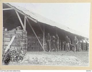 CAPE WOM, WEWAK AREA, NEW GUINEA, 1945-07-02. TROOPS AT AN AMMUNITION DUMP AT 2/22 SUPPLY DEPOT PLATOON STACKING NEWLY ARRIVED SUPPLIES. THE UNIT HAS THREE SUCH SHEDS MEASURING 100 FEET BY 20 FEET ..