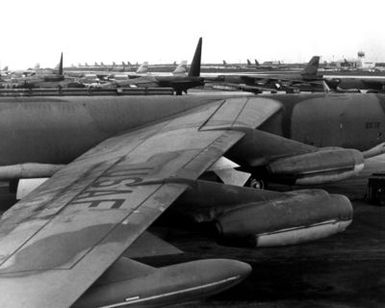 A view of Strategic Air Command's parked B-52 Stratofortress aircraft, prior to their participation in Linebacker Operations over North Vietnam