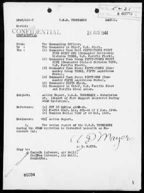 USS TENNESSEE - Report of Fire Support Delivered During the Capture and Occupation of Guam Island Marianas - Period 7/20/44 to 8/9/44