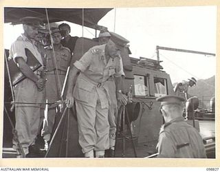 FAURO ISLAND, BOUGAINVILLE AREA. 1945-11-09. LIEUTENANT GENERAL V.A.H. STURDEE, GENERAL OFFICER COMMANDING FIRST ARMY, LANDING ON THE JETTY AT FAURO ISLAND WHERE HE WILL INSPECT JAPANESE ..