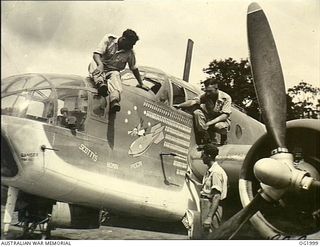 AITAPE, NORTH EAST NEW GUINEA. C. 1945. SCOTTY'S HOMIN PIDGIN BEAUFORT BOMBER AIRCRAFT WHICH HAS MADE 139 STRIKES AGAINST THE JAPANESE IN NEW GUINEA. NOTE THE NOSE ART AND MARKINGS TO RECORD HIS ..