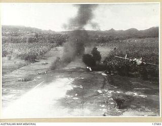 ALEXISHAFEN, BURNING AIRCRAFT ON STRIP AT ALEXISHAFEN AFTER LOW LEVEL STRAFING RUN BY MITCHELLS OF 354 BOMBER GROUP