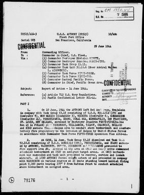 USS ANTHONY - Act Rep of Bombardment of Saipan-Tinian Areas, Marianas, 6/14/44
