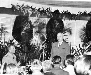 President Harry S. Truman speaks at a luncheon at the Pearl Harbor Officer's Club, Hawaii