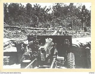 MOTUPINA POINT AREA, BOUGAINVILLE ISLAND. 1945-01-20. A GUN EMPLACEMENT OF THE 2ND FIELD REGIMENT