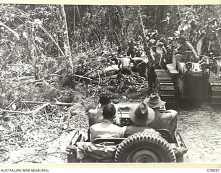MOTUPENA POINT, BOUGAINVILLE ISLAND, 1945-01-26. AUSTRALIAN TROOPS IN THEIR JEEP WAITING FOR SAPPERS OF THE 11TH FIELD COMPANY, TO CLEAR A ROAD BLOCK CAUSED BY A FALLEN TREE ON THE MAIN SUPPLY ..