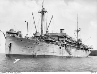 JACQUINOT BAY, NEW BRITAIN. 1944-11-26. THE DUTCH TROOPSHIP THE S.S. "VAN HEUTZ" AT ANCHOR IN THE BAY AFTER BRINGING TROOPS OF THE 13TH INFANTRY BRIGADE INTO THE AREA