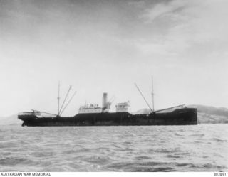 TROBRIAND ISLANDS, NEW GUINEA. 1940-06-15. STARBOARD SIDE VIEW OF THE WRECK OF THE US CARGO VESSEL ADMIRAL WILEY ON KITAVA ISLAND IN THE TROBRIANDS. HER CREW WERE TAKEN OFF BY THE ARMED MERCHANT ..