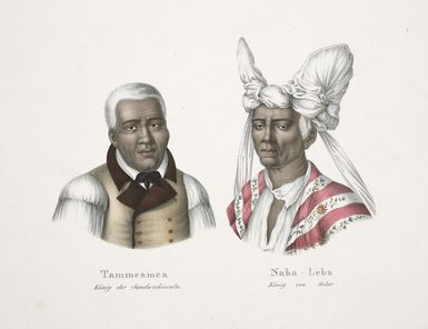 Various artists :Tammeamea, Konig der Sandwichinseln; Naba-Leba, Konig von Solor [handcoloured lithograph by Fuchs after Choris and Petit, Zurich, Honegger. 1840?]