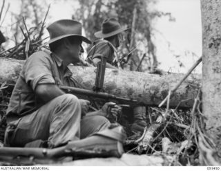 WEWAK AREA, NEW GUINEA, 1945-06-27. TWO MEMBERS OF THE ARTILLERY FIELD OBSERVATION PARTY, WATCH THE CONCENTRATION OF FIRE ON JAPANESE POSITIONS ON MOUNT SHIBURANGU, DURING THE ADVANCE OF C COMPANY, ..