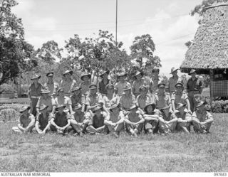 Group portrait of members of the Allied Intelligence Bureau (AIB), New Guinea Headquarters.
Identified left to right:
Back row:  WX30994 Sergeant (Sgt) Allan McLeod Buchanan AIF;  WX11797 Warrant ..