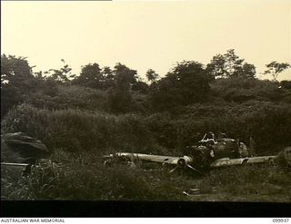 Rabaul, New Britain. 1946-03-29. A Japanese fighter aircraft which had been destroyed in its revetment and subsequently surrounded by natural secondary growth. It was located near a newly developed ..
