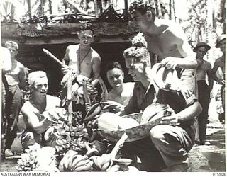 1943-10-02. NEW GUINEA. MARKHAM VALLEY. OLD MUNUM. MEMBERS OF A FAMOUS AUSTRALIAN BRIGADE BACK AFTER A FOOD HUNT. THEY FOUND PAW-PAWS, MANGOES, PINEAPPLES, COCONUTS, LIMES AND BANANAS. LEFT TO ..
