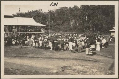 Gathering in the police compound, Rabaul, New Britain Island, New Guinea, probably 1916