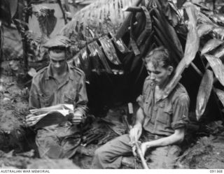 BOUGAINVILLE. 1945-04-30. PRIVATE F.H. RODERICK (1), AND PRIVATE M.L. DURHAM (2), MEMBERS OF 9 INFANTRY BATTALION, CLEANING THEIR WEAPONS AND RESTING IN DUGOUTS AFTER PATROLLING TO THE HONGORAI ..