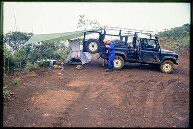 Viv Whitaker with Landrover & campsite