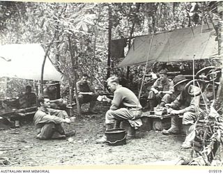 1943-08-11. NEW GUINEA. MOUNT TAMBU FIGHTING. A HOSPITAL IN THE JUNGLE AT THE FOOT OF MOUNT TAMBU. JAPANESE SNIPERS PUT 23 BULLETS THROUGH THE TARPAULIN COVERING WITHOUT HITTING ANY OF THE WOUNDED. ..