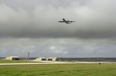 A US Air Force (USAF) KC-135R Stratotanker, 909th Air Refueling Squadron (ARS), Kadena Air Base (AB), Okinawa, takes off from the flightline at Andersen Air Force Base (AFB), Guam in support of exercise COPE NORTH. COPE NORTH is an exercise where troops from the US Air Force (USAF), US Navy (USN), and US Marine Corps (USMC) Marines train with troops from the Japanese Air Self Defense Force (JASDF)