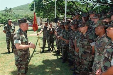 General Charles C. Krulak, 31st Commandant of the Marine Corps, addresses the Marines of Headquarters Battalion, Kaneohe Bay, Marine Corps Base Hawaii, during his farewell tour