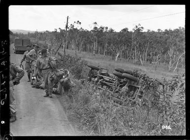 Three ton military truck after an accident near Moindah, New Caledonia, during World War II