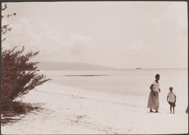 Woman and child on beach at Rowa and the Southern Cross in background, Vanua Lava, Banks Islands, 1906 / J.W. Beattie