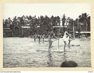 JACQUINOT BAY, NEW BRITAIN. 1945-03-11. THE START OF THE TROPPO TWO MEN SKI TRIAL AT THE AQUATIC CARNIVAL OF THE NEW BRITAIN YACHT CLUB, 5TH BASE SUB AREA. THE EVENT WAS WON BY "ELLA DB" - PRIVATE ..