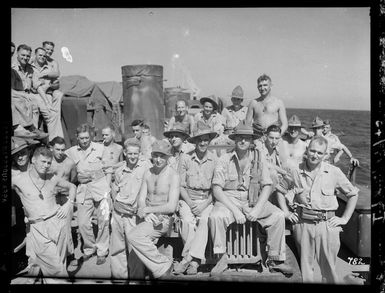 New Zealand brigade on board ship, en route from Guadalcanal to Vella Lavella, Solomon Islands, during World War II
