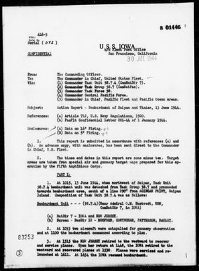 USS IOWA - Report of Bombardment of Saipan and Tinian Island, Marianas on 6/13/44