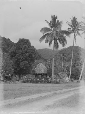 [A Pacific island dwelling, automobile tracks, hills and many trees]