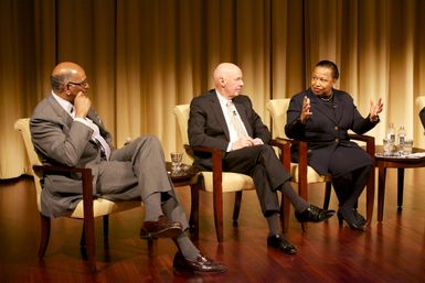 A Path to Equality: The Impact of the Civil Rights Acts of the 1960s; Michael Steele (left), former Chairman of the Republican National Committee and Lieutenant Governor of Maryland; Jim Jones (middle), former Chief of Staff to President Johnson, Congressman, and Ambassador to Mexico; and Carol Moseley Braun (right), former Senator and Ambassador to New Zealand and Samoa