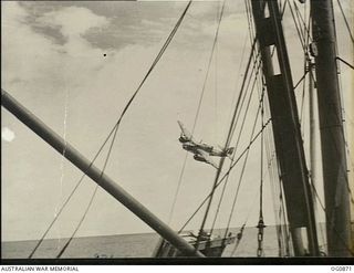 AT SEA BETWEEN GOODENOUGH ISLAND AND THE TROBRIAND ISLANDS, PAPUA. 1943-11-27. AN AIRCRAFT OF NO. 8 (BEAUFORT TORPEDO BOMBERS) SQUADRON RAAF MADE MOCK ATTACKS AND PRACTICE STRAFING RUNS ACROSS THE ..