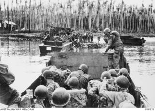 Arawe, New Britain. December 1943. Landing craft arriving on the beach. By 18 December 1943 the Arawe Peninsula to Cape Merkus was in Allied hands