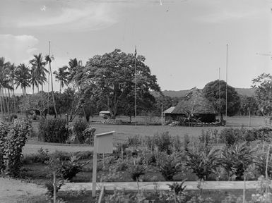 [Pacific Island park with building and garden]