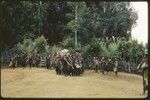 Pig festival, singsing, Kompiai: decorated men dancing to kundu drums enter the dance ground