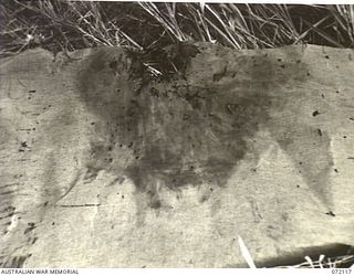 FORTIFICATION POINT, NEW GUINEA. 1944-04-06. THE FRONT VIEW OF SPLINTERED SISALKRAFT TEST PAPER POSITIONED 20 INCHES BEHIND ARMOUR PLATING INDICATING THE EFFECT OF A CAPTURED JAPANESE 75MM ..