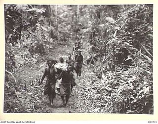 WEWAK AREA, NEW GUINEA, 1945-06-29. NATIVE BOYS CARRYING OUT A STRETCHER CASE PASSING OVER THE KNOLL AT THE FOOT OF HILL 2. STRETCHER PARTIES CARRY OUT WOUNDED OF THE 2/8 INFANTRY BATTALION ..