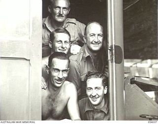 KWIARA, CHINA STRAITS, 1943-07-03. CREW MEMBERS OF THE AB-20. THEY ARE:- NX5538 SAPPER C.H. HEESCH; NX28199 WARRANT OFFICER H.L. PIKE; NX882111 SAPPER S.W. SMITH; NX123886 SAPPER S.W. ROBERTS; ..