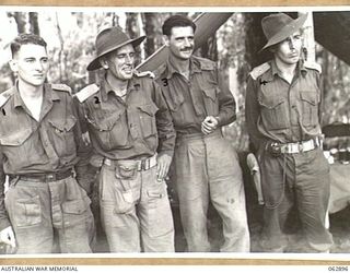 RAMU VALLEY, NEW GUINEA. 1944-01-16. OFFICERS OF "B" COMPANY, 57/60TH INFANTRY BATTALION. THEY ARE: VX81065 CAPTAIN R. K. WOODS (1); VX48332 MAJOR W. F. BARKER (2); VX50043 LIEUTENANT D. J. BOLWELL ..