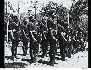 Papua, c. 1943. Members of the Papuan Infantry Battalion on parade with their rifles in a rural area