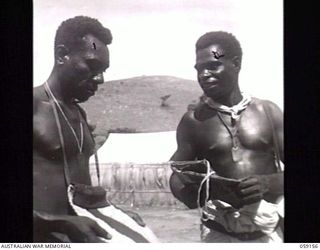 KILA, NEW GUINEA. 1943-10-24. BARE-CHESTED NATIVE LABOURERS OF THE LABOUR CAMP COMPARING THEIR GIFT SATCHELS WHICH WERE PRESENTED TO THEM BY THE WOMEN IN AUSTRALIA IN GRATITUDE FOR THE ASSISTANCE ..