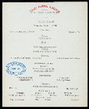 DINNER [held by] TOYO KISEN KAISHA [at] EN ROUTE ABOARD HONG KONG MARU (SS)