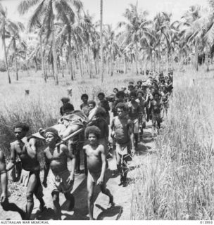 1942-12-05. BUNA, PAPUA. AT AN ADVANCED AMERICAN DRESSING STATION. WOUNDED BEING BROUGHT IN ON STRETCHERS ALONG A TRACK THROUGH THE KUNAI GRASS. THE BEARERS ARE PAPUAN NATIVES, FONDLY KNOWN AS ..