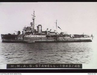 LANGAMAK BAY, NEW GUINEA, C. 1944. SIDE VIEW OF HMAS STAWELL. (DONOR A.E. DUNNE)
